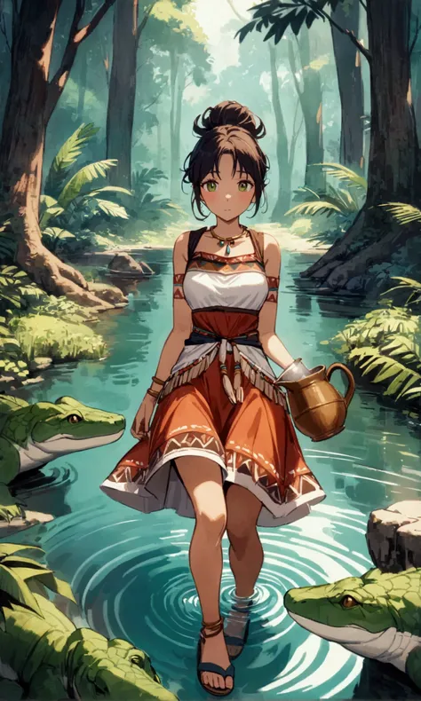 A cute woman (tribal dress, hair up, sandals, clay pitcher) is filling her pitcher at a tranquil lake, a green dragon slowly swims towards her like a predatory crocodile with only its eyes and a few bends breaking the surface of the water with gentle rippl...