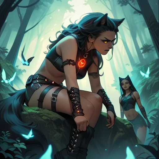 Wolf Girl Pack, fierce female group, mystical forest, human-like with wolf ears and tails, revealing leather outfits, Alpha leader, diverse hair and eyes, glowing magical backdrop.