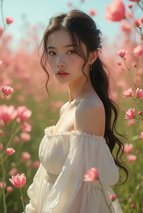  better quality ,  masterpiece ,  ultra high resolution  ( Photorealistic : 1.4),  RAW photo,  a girl,  white dress ,  bare shoulders , Pink flowering field,  shiny skin, slight smile