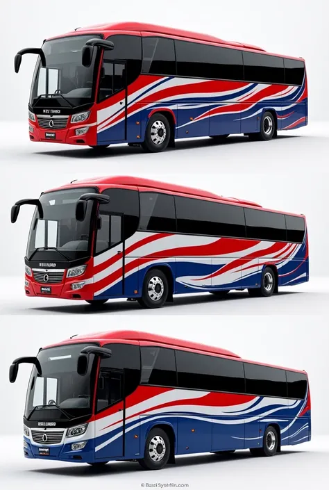 Create painting design pictures for the Yutong bus with red, white, and royal blue (Chelsea blue) themes. Please provide the front, back and sides views of the bus:

Horizontal Stripes with a Twist

Base Color: red.

Details: Wide, asymmetrical horizontal ...