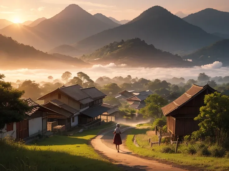 a realistic image of an elderly Thai woman, looking lonely and isolated, walking with a small in a rural Thai village. The scene features a bamboo fence in the background, evoking an authentic, rustic setting. The lighting should be beautifully dramatic, w...