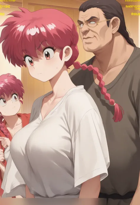 Ranma Saotome, braid, red hair, single braid, braided ponytail, red eyes,
oversized shirt、Big Breasts、dressing room bathhouse 　old　man、 forward slack :(1.3) Spectacle　down　blouse、The shirt falls a lot