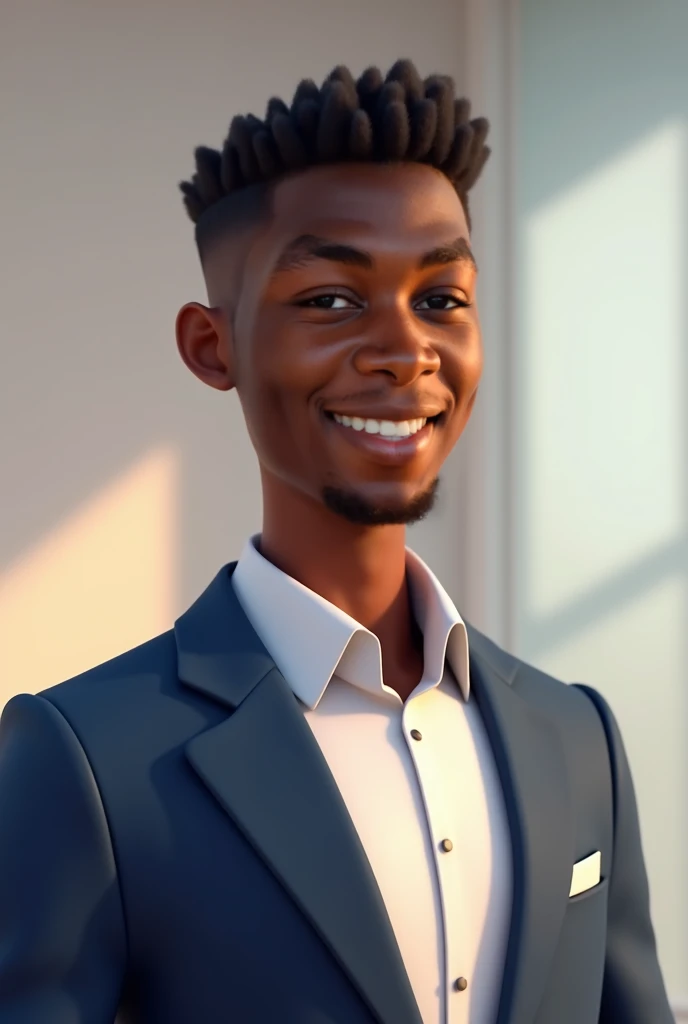 A stylized and animated 3D young African man in his thirties with very short hair and a well-groomed appearance. His facial expression is warm and welcoming, exuding intelligence and friendliness, making him approachable and likeable. Her skin has a rich m...