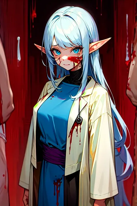  gray-haired girl with long hair, , curvy bangs on her right side ,  with big blue eyes ,  medical mask on her face ,  in a medical gown, in the blood, with a shot in the head . psychotherapist ,  with slightly pointed elven ears. udas , Blood, murders