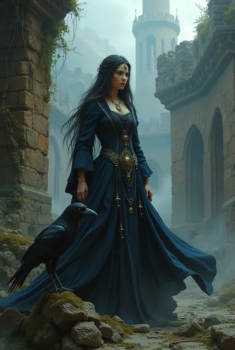 A beautiful sorceress and her faithful crow amidst the ruins of a castle 