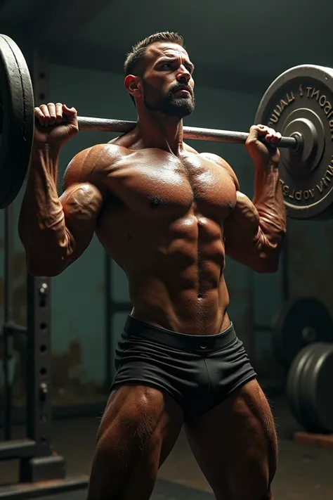 A man doing weight training with his bodys muscle tissue all visible.