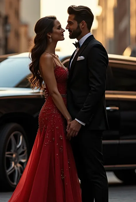 Photo of a pair of wealthy lovers again in front of a Limousine car 