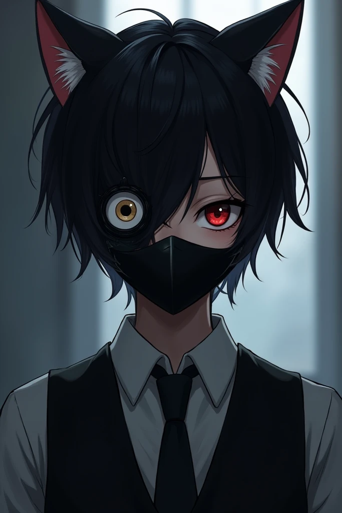 Anime drawing black haired guy with cat ears wearing black mask has a big eye in the middle of his face, wearing a black vest ,black tie 