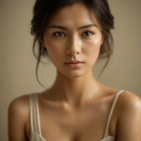 A hyper-realistic image of a single Japanese woman in her early 20s, captured with a subtle hint of film camera texture, featuring a reduced graininess and a more subdued overall tone. Her skin has a warm beige tone with a natural, slightly rough texture t...