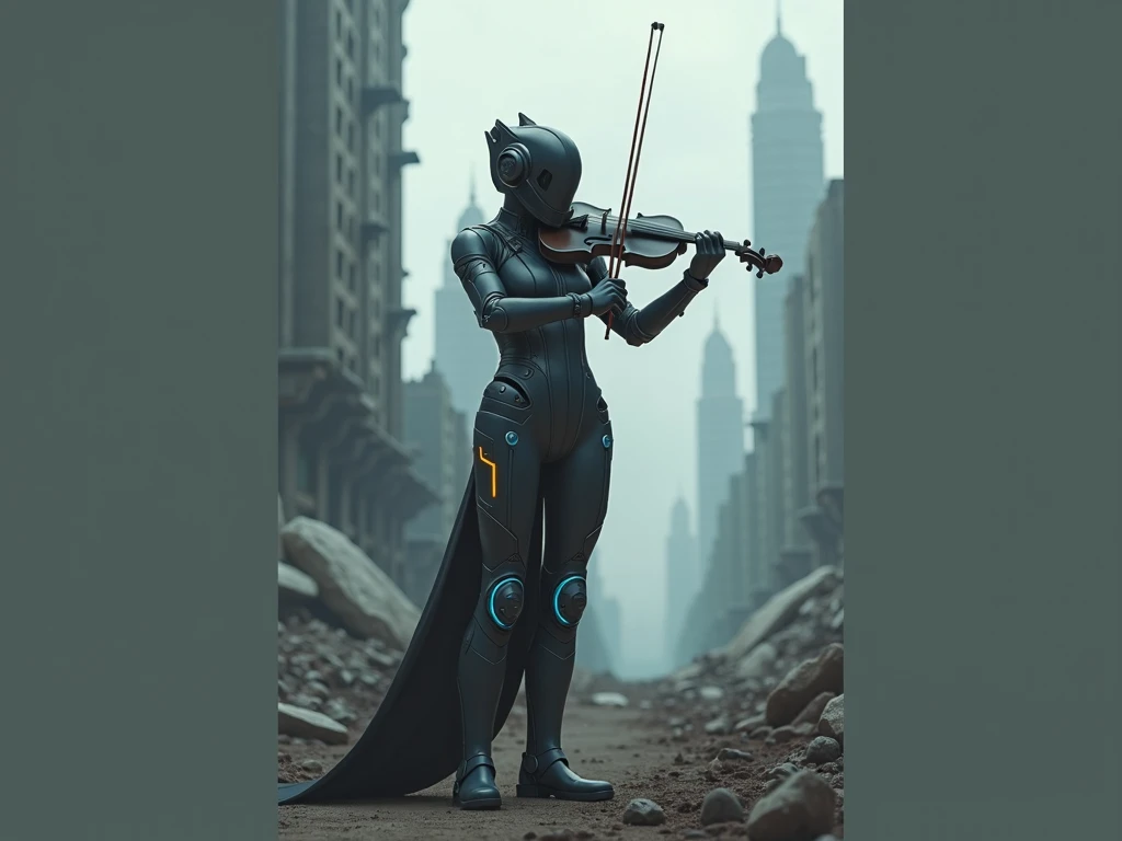  Futuristic image with violin with a futuristic city that looks like the end of the world, and a motivational feeling 