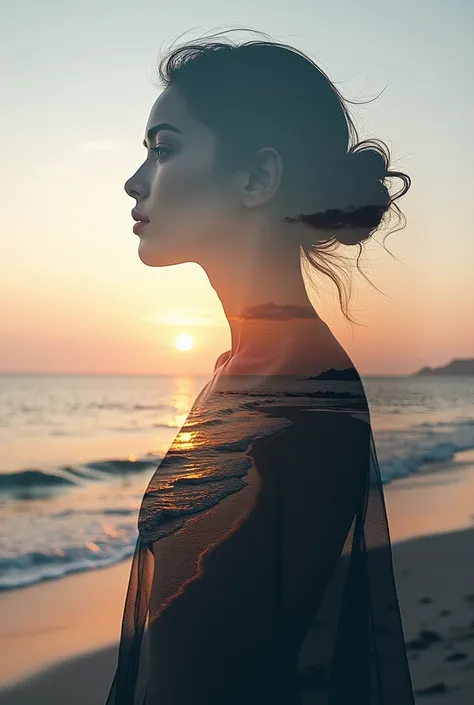  lyrics, 8K ultra HD, Una hermosa double exposure que combina una silueta de diosa con la costa al atardecer,  the coast at dusk should serve as a backdrop ,  with its details incorporated in the goddess , sharp lines, The background is monochrome,  sharp ...