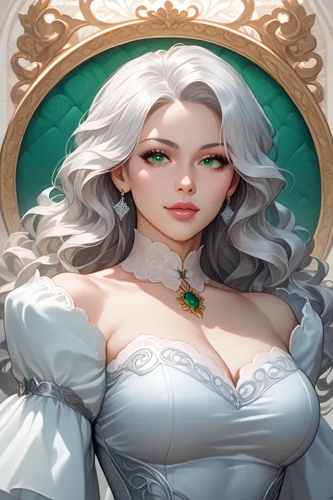 older woman, detailed background, every detail is rendered in superb detail, perfect composition, masterpiece, best quality, 8k, ultra-detailed, anime, correct anatomy, silver white hair, wavy hair, green eyes, modern dress, deatiled face, detiled eyes