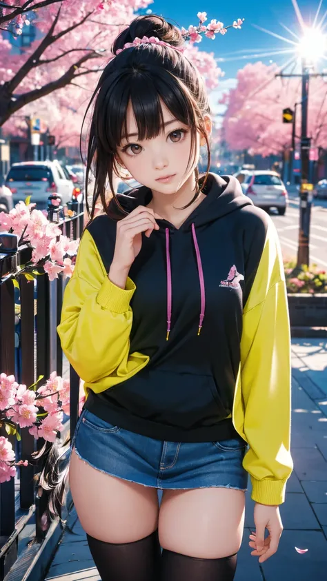 ( best quality:1.2,  Very detailed, Latest,  vibrant ,    high contrast , masterpiece:1.2,  best quality,  best aesthetics),   girl, ((   格好いいポーズfacing the front :1.4)),   colorful hair,Short bob ponytail with braids ,masterpiece、  Lens Flare,(masterpiece:...