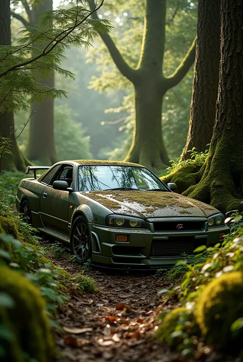 GTR R34 left in an old forest