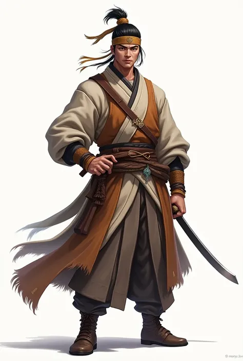 2.5D, high-quality, detailed, 1boy, Song Jiang, male, Chinese classical novel character, leader of the outlaws from Liangshan, rugged and heroic, wearing simple yet functional outlaw attire, headband with a tassel, holding a traditional Chinese sword, ster...