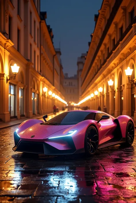 Here’s a detailed prompt to create the first image in the left panel of your upload:

"A futuristic luxury car parked on a wet cobblestone street at night, reflecting the warm golden glow of grand architectural buildings in the background. The car has a sl...