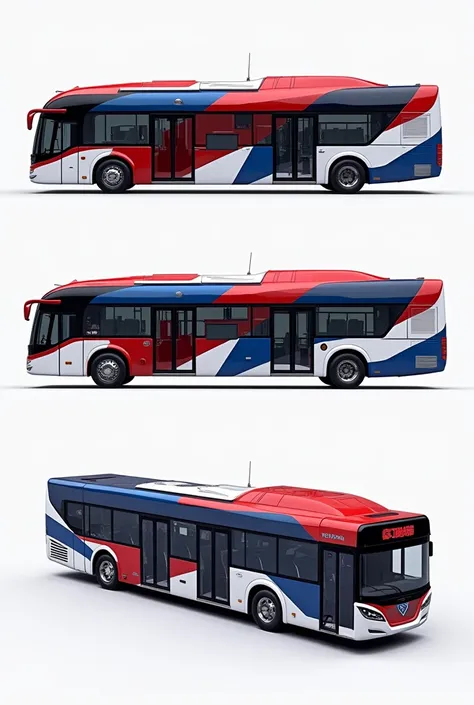 Create painting design pictures for the Yutong bus with red, white, and royal blue (Chelsea blue) themes. Please provide the front, back and sides views of the bus:

3. Geometric Futurism

Base Color: White.

Details: Angular blocks and triangles in red an...