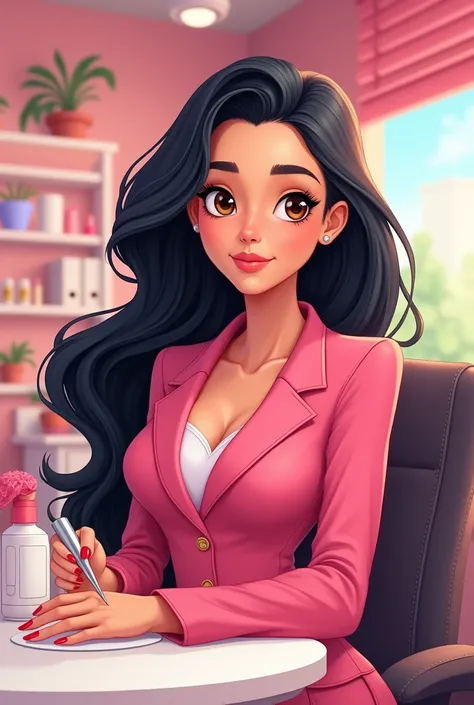  Pixar-style poster of a 20-year-old girl, with long black hair ,  brown eyes , in a pink suit ,  manicurist profession 