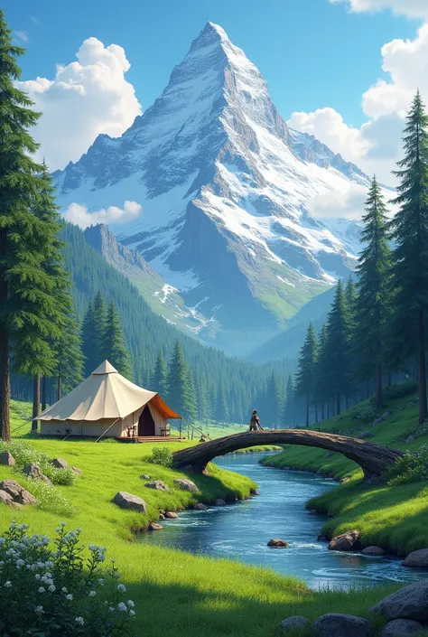  Snow peak Mountain, alpine trees, river, a safari tent and green grass fields and a tree fall in river and looks like bridge 