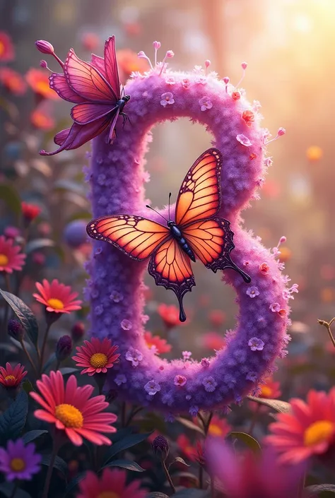  the letter B in purple and pink colors ,  in sima a butterfly with purple colors diminishing to orange and pink touches, on a background of warm flowers ,