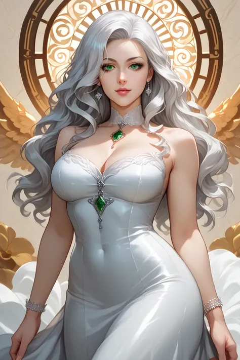 older woman, detailed background, every detail is rendered in superb detail, perfect composition, masterpiece, best quality, 8k, ultra-detailed, anime, correct anatomy, silver white hair, wavy hair, green eyes, modern dress, deatiled face, correct eye anat...