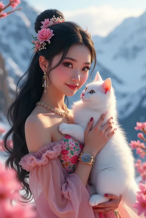 A graceful  woman with long, wavy black hair, adorned with delicate floral hairpins and elegant earrings, wearing a colorful  embroidered gown with colorful floral patterns. She is holding a fluffy white cat close to her face and looking towards camera. Sh...