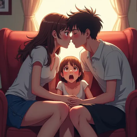 Anime Passionate boy kissing the girl in front of the girl watches with shame and desperation and tense and begging and while he is watching them and they are sitting in the armchair 