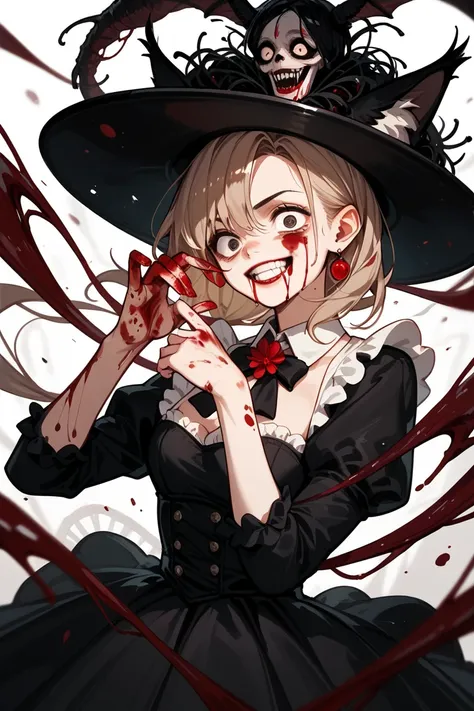  lynx girl with lynx ears and tail , long blond hair, empty-eyed black , with black whites of the eyes.  in elegant ballroom dress and blood ,  with a stinging grin and a playful mood.Blood, horror, Monsters , cannibalism  