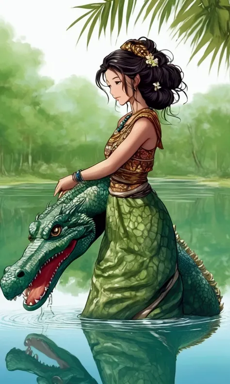 A cute woman (tribal dress, hair up, sandals, clay pitcher) is filling her pitcher at a tranquil lake, a green dragon slowly swims towards her like a predatory crocodile with only its eyes and a few bends breaking the surface of the water with gentle rippl...