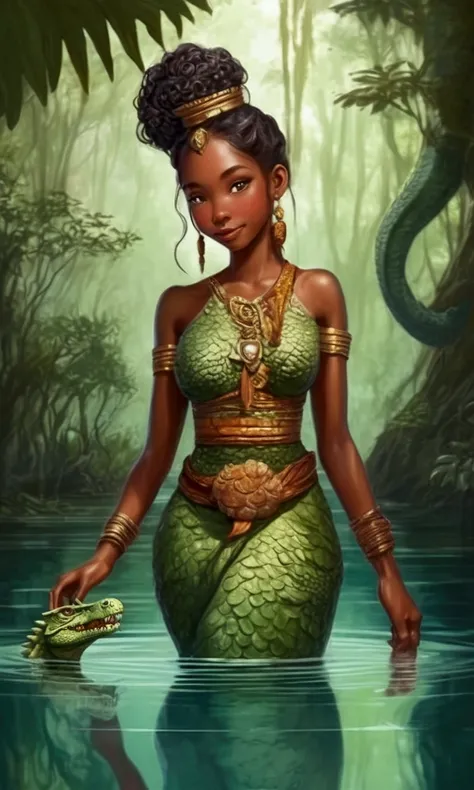 A cute woman (tribal dress, hair up, sandals, clay pitcher) is filling her pitcher at a tranquil lake, a green dragon slowly swims towards her like a predatory crocodile with only its eyes and a few bends breaking the surface of the water with gentle rippl...