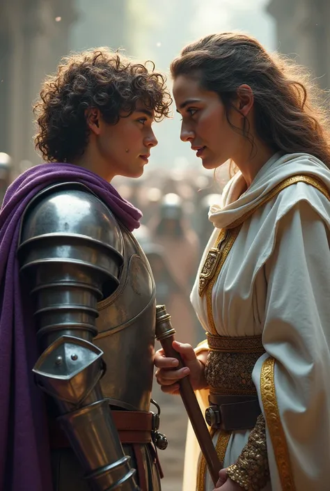 a young Byzantine soldier in steel armor , wearing a purple shield ,  curly hair next to a powerful young wizard in white and gold attire with a wand,  with long hair and without a beard 