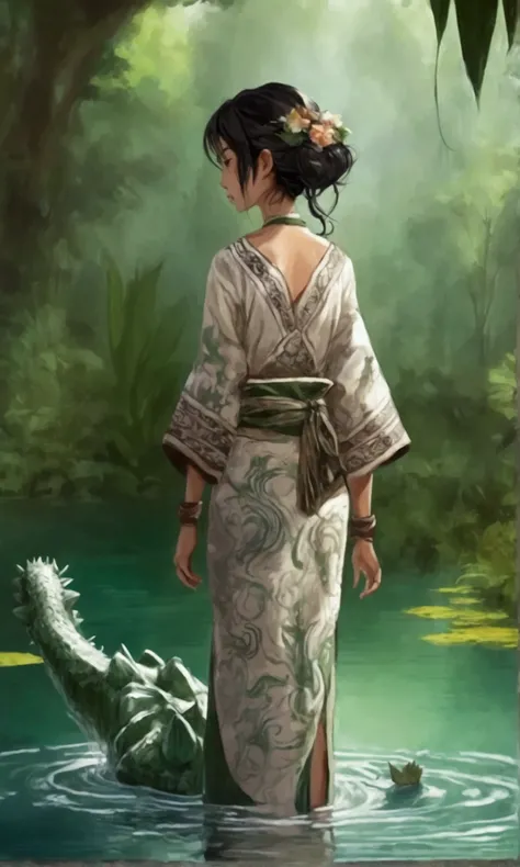 A cute woman (tribal dress, hair up, sandals, clay pitcher) is filling her pitcher at a tranquil lake, a green dragon slowly swims towards her like a predatory crocodile with only its eyes and a few bends breaking the surface of the water with gentle rippl...