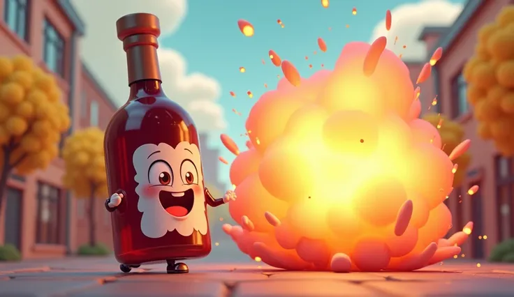 A bottle of wine close to an exploding object, chibi animation,3d