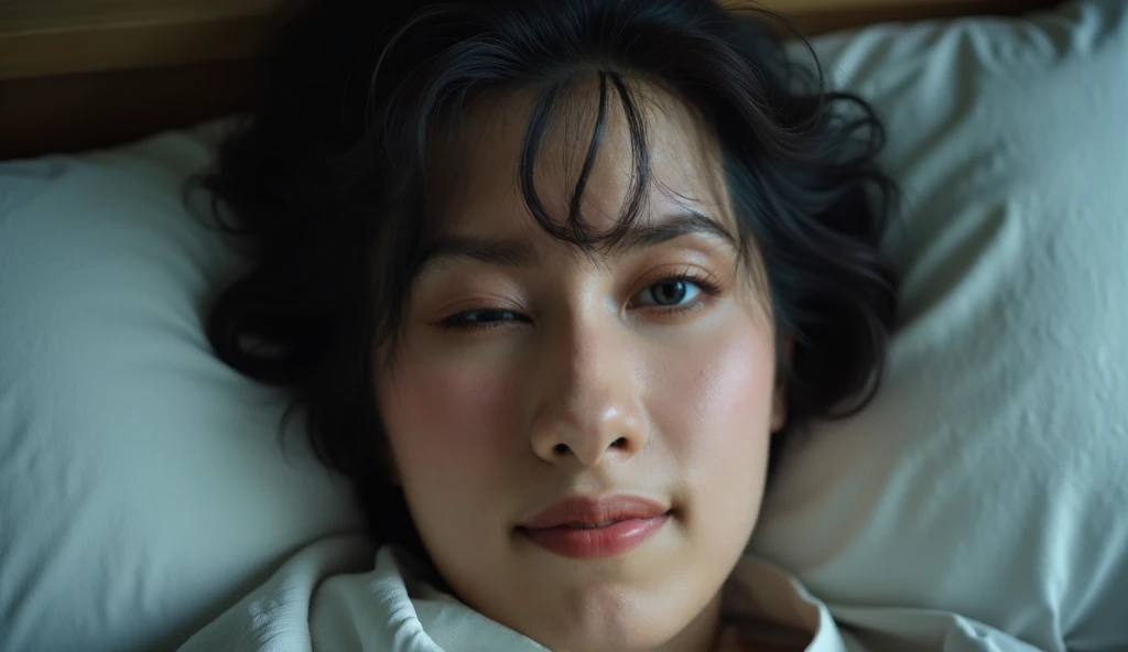 ((( realistic 、Realistic、 reality、live-action、High image quality、４k)))、(((50-year-old Japanese woman、Beauty)))、((Wrinkles between the eyebrows with a painful expression))、 sleeping with her eyes closed