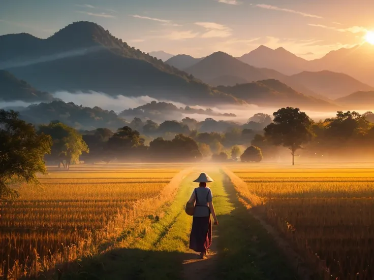 a realistic image of an elderly Thai woman, appearing lonely and isolated, harvesting rice in a rural Thai countryside. The scene should feature beautiful, dramatic lighting, with sunset rays cutting through the mist, enhancing the melancholic, solitary at...