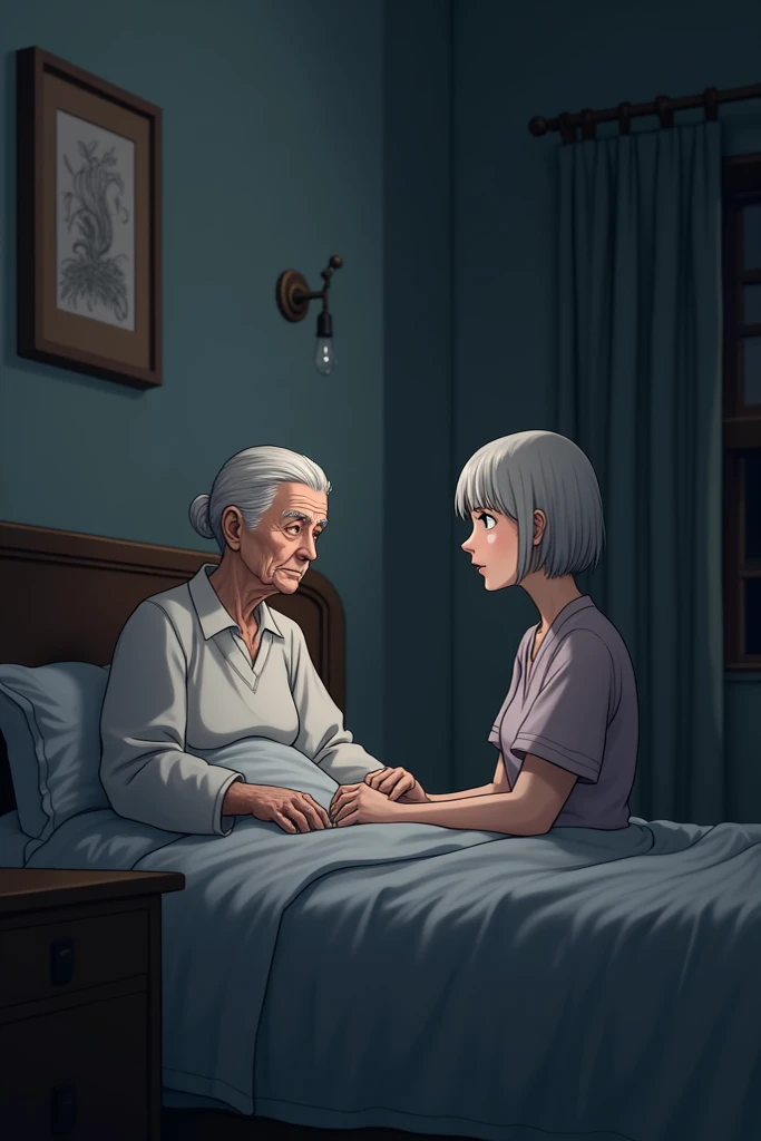 Show Isabella sitting at Mrs. Clarks bedside. Mrs. Clark appears frail and tired, looking up at Isabella with concern. Isabella reassures her, explaining the next steps in her care.anime in a serious matter