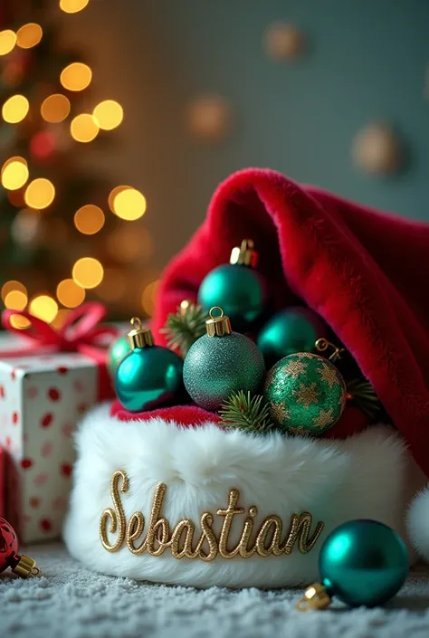 This is a picture of a Santa Claus hat full of Christmas ornaments in cute green and blue colors. the name "Sebastian"  the embroidery is on the white fur trim of the hat . The background includes Christmas lights and gifts ,   that create a festive atmosp...