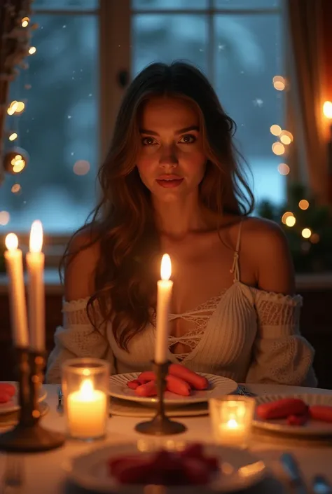 christmas eve dinner,1girl,detailed eyes,detailed lips,beautiful woman,long hair,ornate dinner table,candles,winter night,christmas lights,snow falling outside,cozy atmosphere,warm lighting,holiday season,festive,muted colors,photorealistic,8k,masterpiece,...