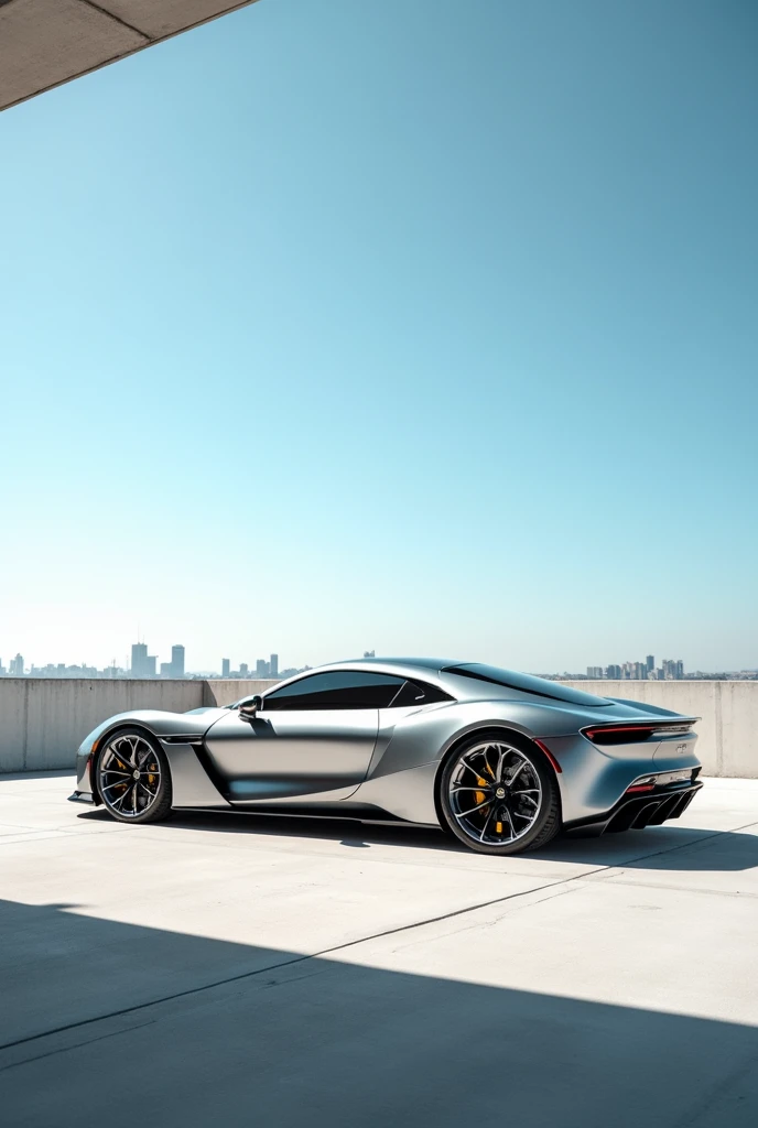 "A modern silver sports car parked on the top level of an open-air parking garage under a clear blue sky. The car has a low, aerodynamic profile with sharp edges, large wheels, and a glossy metallic finish reflecting the sunlight. The background showcases ...