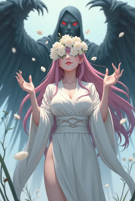 Woman with long dark pink hair pale skin breasts big feet  a smile in a white kimono with her eyes covered with flowers while raising her hands animate a bunch of white roses in a dream animate a spirit with claws and black wings dragging anime