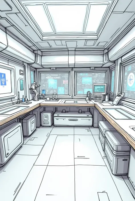 create a rough sketch of a Sci fi room with some props 