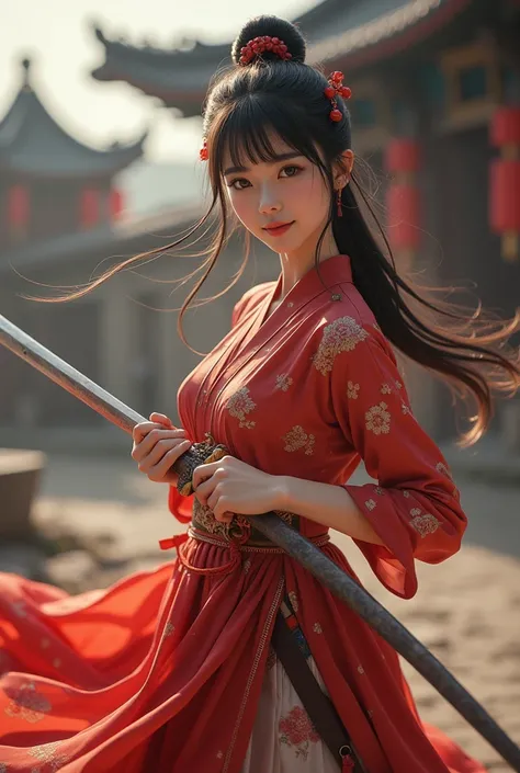 A charming  character depicted as a real beautiful realistic chinese girl long bangs hair swordman assassin, white dressed in vintage traditional Chinese attire, is performing a sword-drawing action while looking down. This character features beautiful bro...