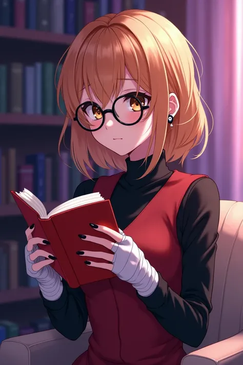  woman medium coppery blonde hair,  light brown eyes , with light freckles , Black round glasses,  holding a book with a red cover , with formal red vest ,  black turtleneck shirt underneath ,  hands with white gauze bands , series,  semi-realism anime , p...