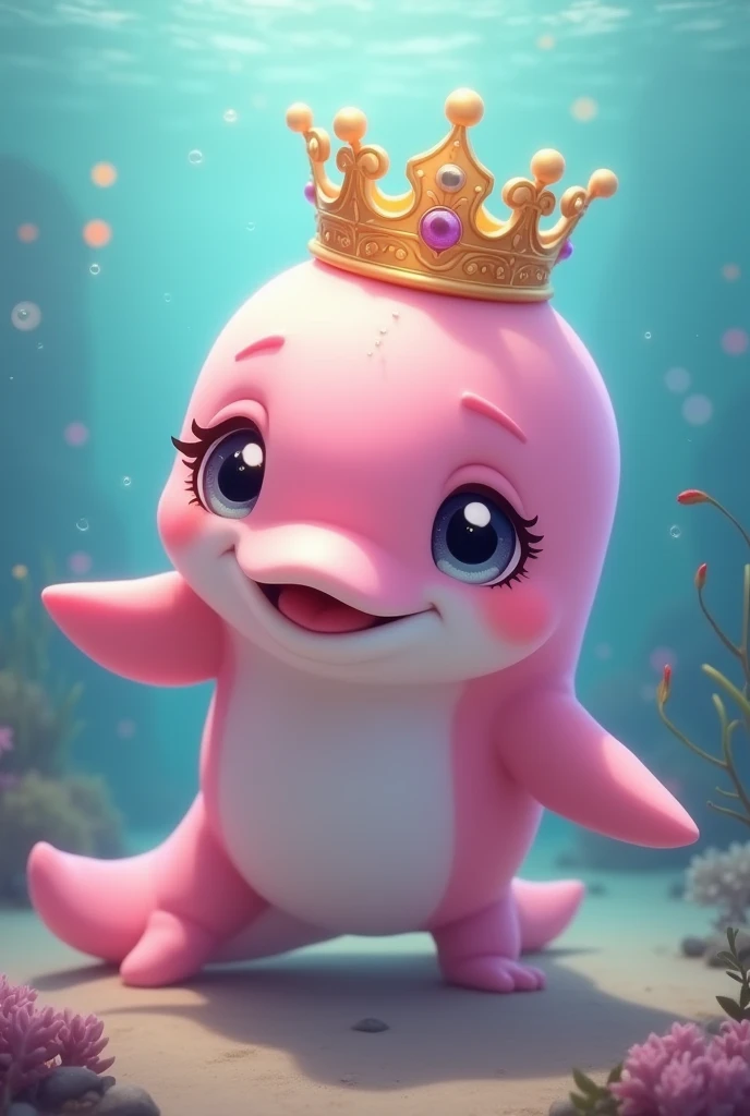 Adorable looking pink dolphin with pleading eyes wearing a crown