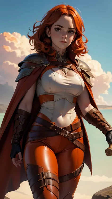 Emma Watson, Beautiful redhead nordic warrior orange curly hair muscular body perfect breasts leather pant armor leather cape with fluff edge holding large sword detailed face would cheekbones blushing rendered image posing heroically 