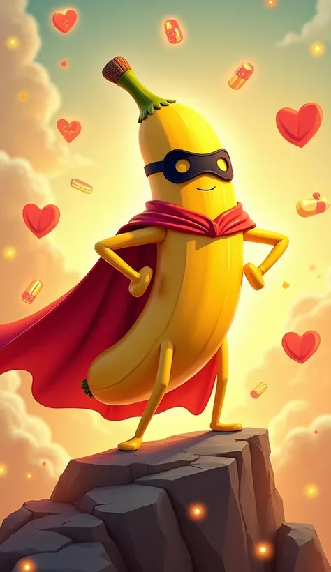 A banana character with a red cape, a small mask on his face, and a dashing pose like a superhero. It stands on a rock, surrounded by health symbols such as hearts, energy, and vitamins.