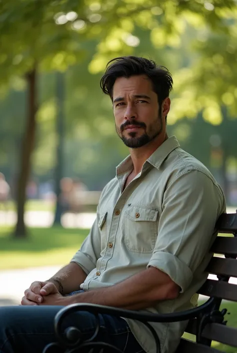 Visual:  Protagonist in a park ,  Sitting on a bench , relaxed,  watching people pass in front of him .
 The man is sitting comfortably on a bench in the park .  Sunlight crosses the leaves of the trees ,  creating a play of soft shadows on his face .  He ...