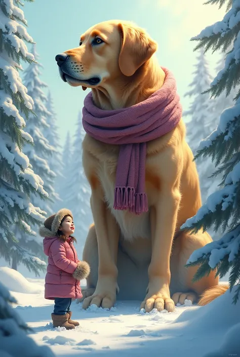 A mountain-sized Golden Retriever, draped in a scarf as wide as a river, watches over a small, smiling girl in a pink parka with fur-lined mittens. The girl looks up with admiration as the dog’s massive breath clouds fill the icy air, its ears brushing the...