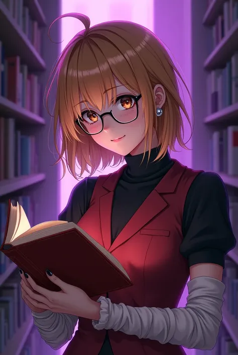  woman medium coppery blonde hair,  light brown eyes , with light freckles , Black round glasses,  holding a book with a red cover , with formal red vest , formal black turtleneck shirt underneath, arms with white gauze bands, series,  semi-realism anime ,...