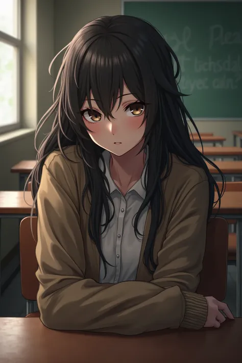 A long-haired girl with a calm face, she wears a wide eye. She is sitting in the classroom looking arrogant.